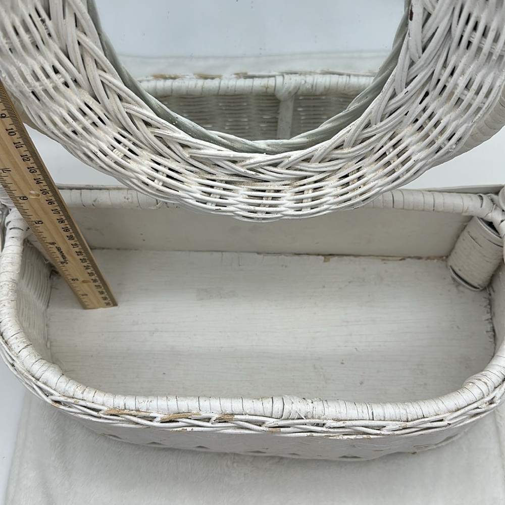 Vintage White Wicker-Wood Oval Swivel Mirror Tabletop Vanity with Basket - Picture 3 of 13